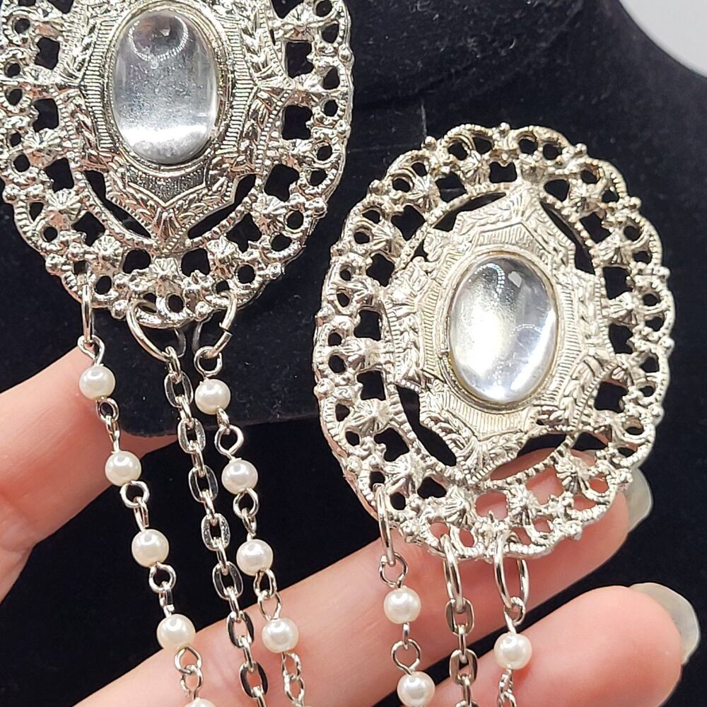 Gorgeous Chained Lapel Pins 15in Reflective Pins and Faux Pearl Chain